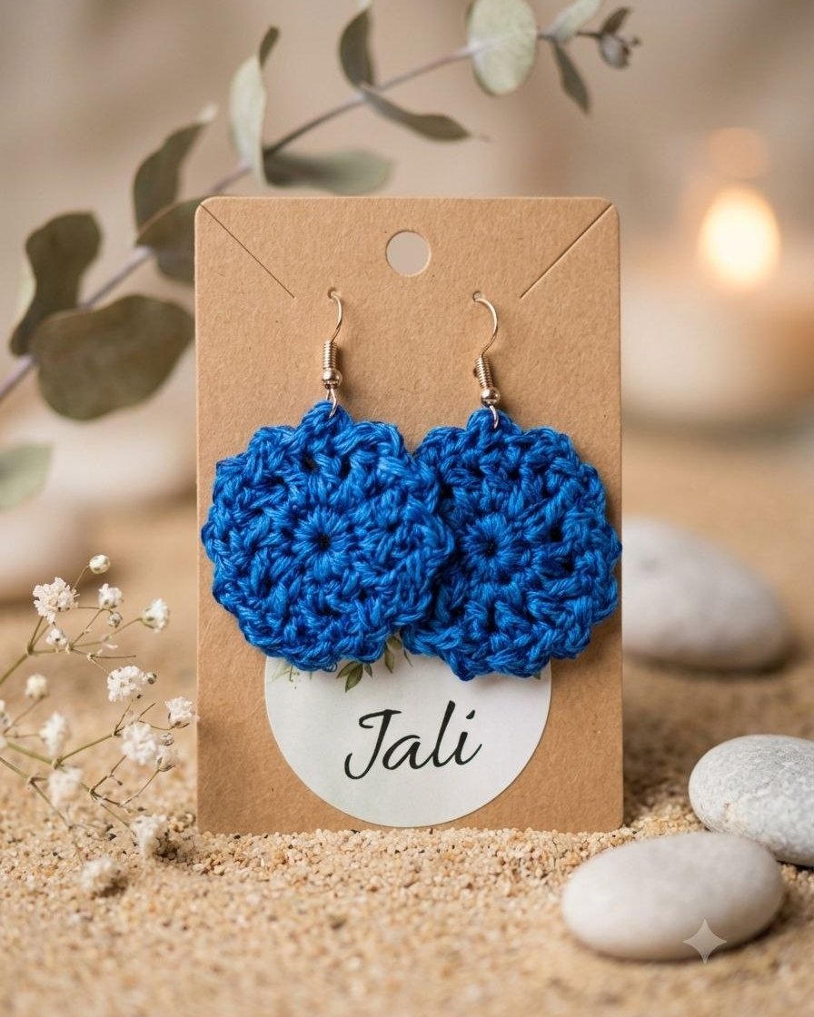 Rosetón azul — Pendientes de crochet tejido a mano