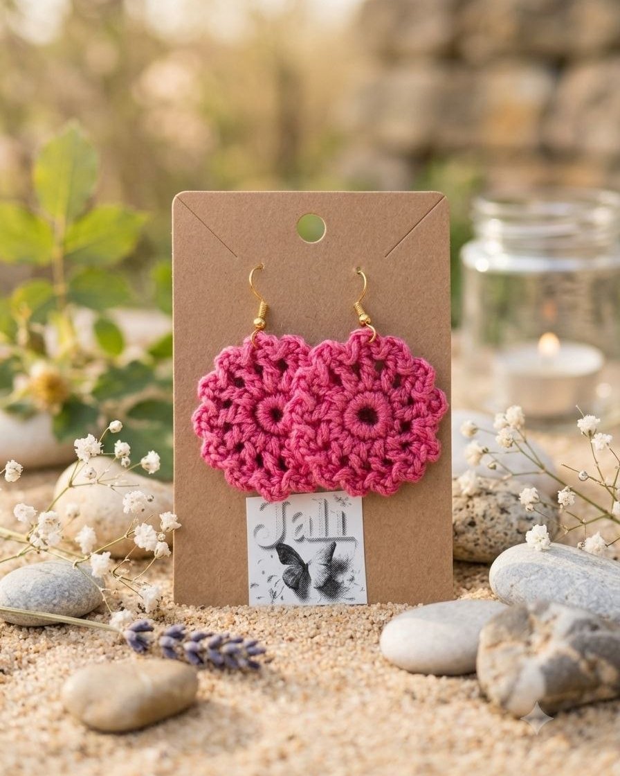Flor fucsia — Pendientes de crochet tejido a mano