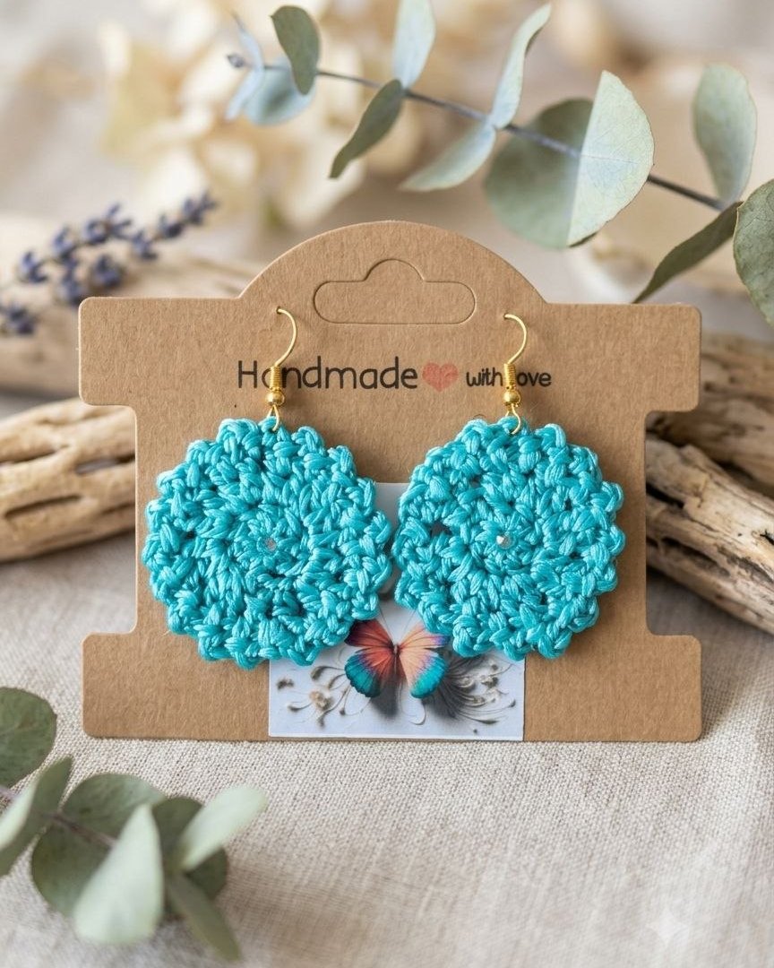Disco turquesa — Pendientes de crochet tejido a mano