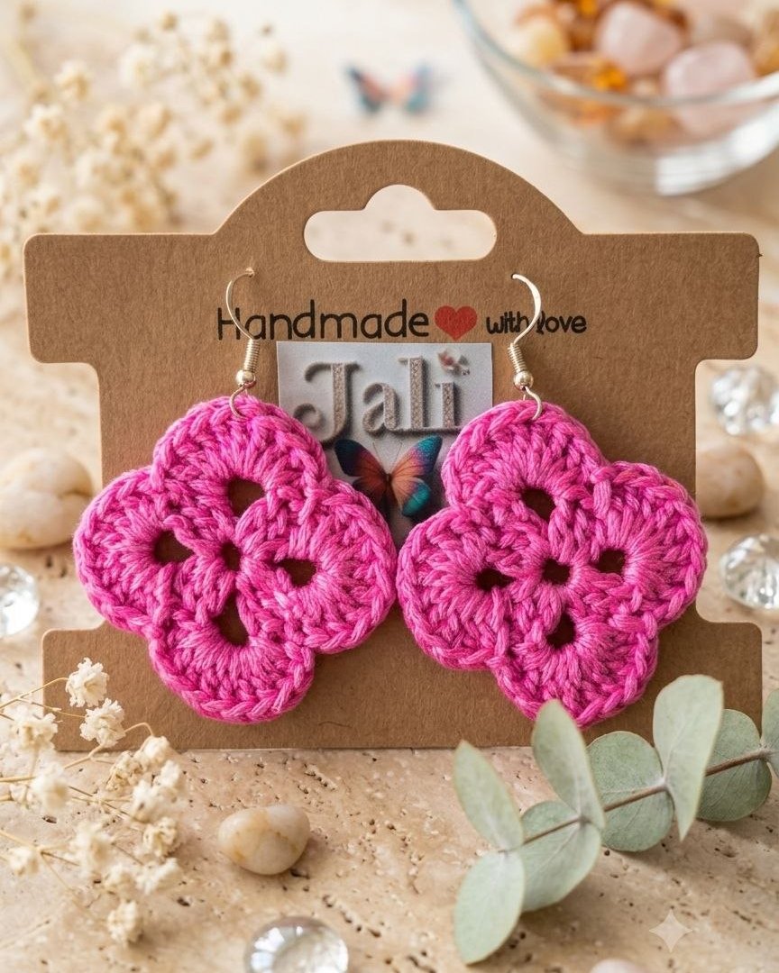 Trébol fucsia — Pendientes de crochet tejido a mano