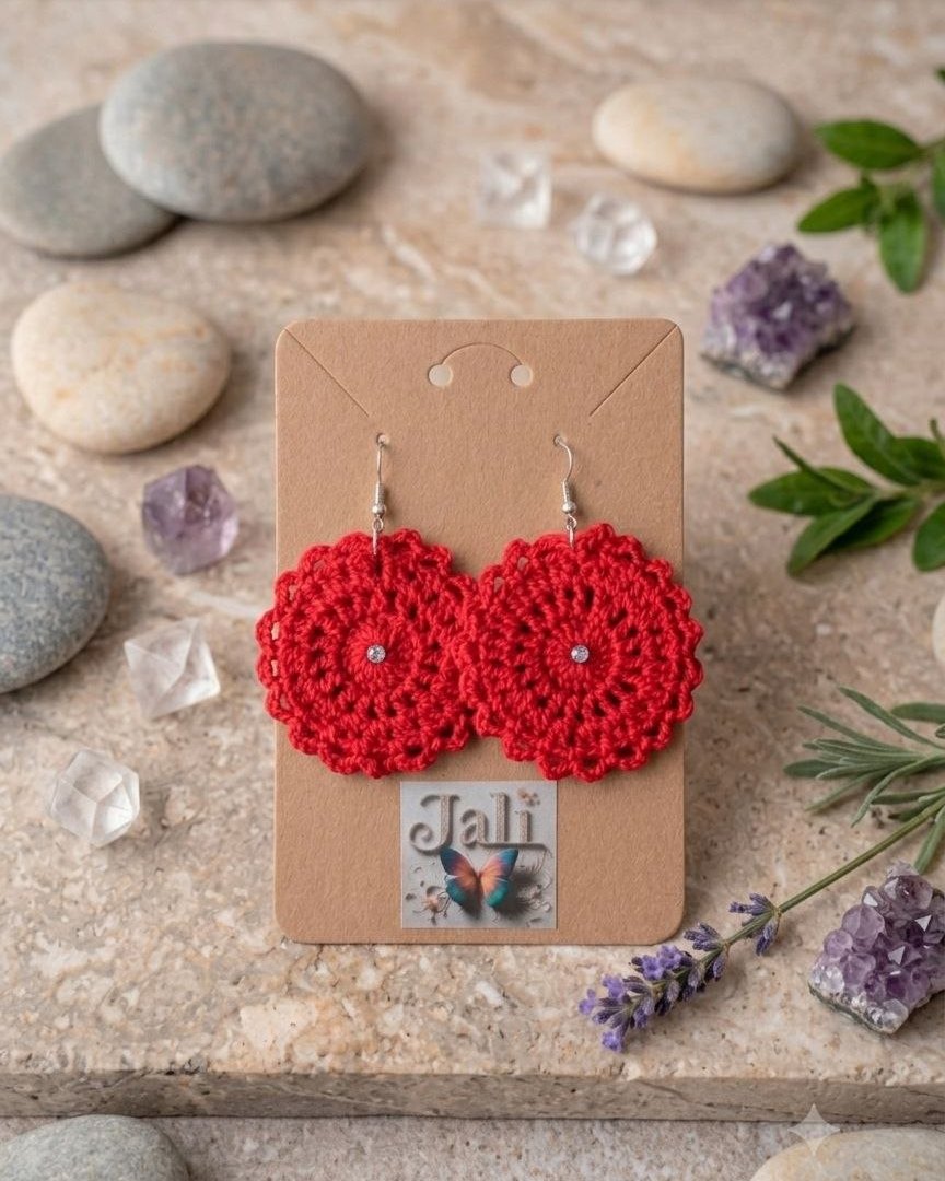 Disco rojo — Pendientes de crochet tejido a mano